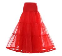 Alunsito Women's A-Line Swing Long Petticoat Solid Pleated Underskirt Mesh Tulle Tutu Skirt Elastic High Waist Flowy Skirt Ball Gown Wedding Dress Skirt, Red, Small/Medium