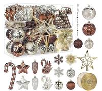 Alupssuc 128Pcs Christmas Baubles Ornaments Set, Shatterproof Decorations Balls, Flowers, Ribbon, Tree Topper for Xmas Holiday Wedding Party with Hooks, Brown & Gold