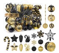 Alupssuc 128Pcs Christmas Baubles Ornaments Set, Shatterproof Decorations Balls, Flowers, Ribbon, Tree Topper for Xmas Holiday Wedding Party with Hooks, Black & Gold