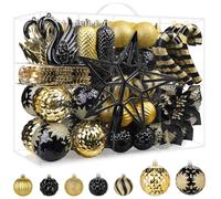 Alupssuc 128Pcs Christmas Baubles Ornaments Set, Shatterproof Decorations Balls, Flowers, Ribbon, Tree Topper for Xmas Holiday Wedding Party with Hooks, Black & Gold