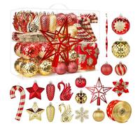 Alupssuc 128Pcs Christmas Baubles Ornaments Set, Shatterproof Christmas Tree Decorations Balls,Christmas Flowers, Ribbon,Tree Topper for Xmas Tree Holiday Wedding Party with Hooks, Red & Gold