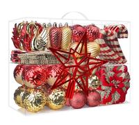 Alupssuc 128Pcs Personalised Christmas Baubles Set, Christmas Tree Shatterproof Decorations Balls, Flowers, Ornaments for Xmas Tree Holiday Wedding Party with Hooks, Red & Gold
