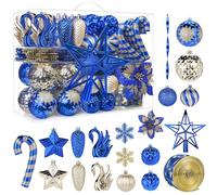 Alupssuc 128Pcs Shatterproof Christmas Baubles Ornaments Set, Flowers, Ribbon, Tree Topper for Xmas Holiday Wedding Party with Hooks, Blue & Gold