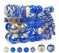 Alupssuc 128Pcs Shatterproof Christmas Baubles Set, 2025 New Christmas Tree Decorations Balls, Flowers, Ornaments for Xmas Tree Holiday Wedding Party with Hooks, Blue & Gold
