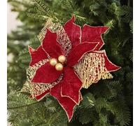 Alupssuc 20 Pcs Poinsettia Flowers, 9 inch Artificial Christmas Flower, Sparkling Decoration for Christmas Tree, Floral Ornaments for Xmas/Home/New Year/Party, Red Gold