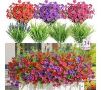 Alupssuc 24 Bundles Artificial Flowers Outdoor, UV Resistant Eucalyptus Violets and Lavender Silk Fake Flowers and Plants, for Home Garden Porch Window Wedding Decorations, Red Rose Purple
