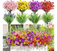 Alupssuc 24 Bundles Artificial Flowers Outdoor, UV Resistant Eucalyptus Violets and Lavender Silk Fake Flowers and Plants, for Home Garden Porch Window Wedding Decorations, Red Purple Yellow Pink
