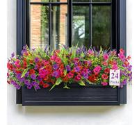Alupssuc 24 Bundles Artificial Flowers Outdoor, UV Resistant Eucalyptus Violets and Lavender Silk Fake Flowers and Plants, for Home Garden Porch Window Wedding Decorations, Red Rose Purple