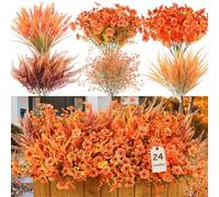 Alupssuc 24 Bundles Autumn Artificial Flowers Outdoor, UV Resistant Eucalyptus Violets and Lavender Silk Fake Flowers, for Home Garden Porch Window Wedding Decorations, Sunset Orange and Fall