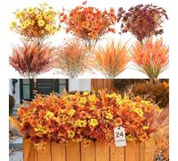 Alupssuc 24 Bundles Autumn Artificial Flowers Outdoor, UV Resistant Eucalyptus Violets and Lavender Silk Fake Flowers and Plants, for Home Garden Porch Window Wedding Decorations, Orange Yellow Brown