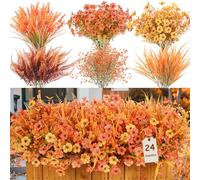 Alupssuc 24 Bundles Autumn Artificial Flowers Outdoor, UV Resistant Eucalyptus Violets and Lavender Silk Fake Flowers and Plants, for Home Garden Porch Window Wedding Decorations, Fall Orange Red