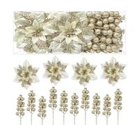 Alupssuc 24 Pcs Christmas Tree Picks, 12 Pcs Poinsettias Artificial Christmas Flowers + 12 Pcs Glitter Holly Berry Stems for Xmas Tree Decor or Party Wreath Fireplace Stairs, Champagne Gold