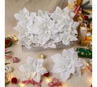 Alupssuc 24 Pieces Artificial Christmas Flowers Decorations Poinsettia Christmas Glitter Wedding Xmas Tree Ornaments Christmas Decorations with Clip and Stick, White