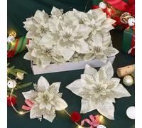 Alupssuc 24 Pieces Artificial Christmas Flowers Decorations Poinsettia Christmas Glitter Wedding Xmas Tree Ornaments Christmas Decorations with Clip and Stick, Champagne Gold