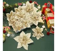 Alupssuc 24 Pieces Artificial Christmas Flowers Decorations Poinsettia Christmas Glitter Wedding Xmas Tree New Year Ornaments with Clip and Stick, Gold