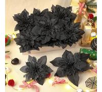 Alupssuc 24 Pieces Artificial Christmas Flowers Decorations Poinsettia Christmas Glitter Wedding Xmas Tree New Year Ornaments with Clip and Stick,Black