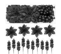 Alupssuc 24pcs Poinsettia Christmas Tree Decorations,Box 12pcs Poinsettia Artificial Flowers+12pcs Holly Berry Stem for Christmas Wreath Decorations,Xmas Tree Decorations,Christmas Decorations,Black