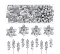 Alupssuc 24pcs Poinsettia Christmas Tree Decorations,12pcs Poinsettia Artificial Flowers and 12pcs Stem for Christmas Wreath,Xmas Tree,Christmas Decorations,Silver