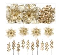 Alupssuc 24pcs Poinsettia Christmas Tree Decorations,12pcs Poinsettia Artificial Flowers and 12pcs Stem for Christmas Wreath,Xmas Tree,Christmas Decorations,Gold