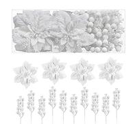 Alupssuc 24pcs Poinsettia Christmas Tree Decorations,12pcs Poinsettia Artificial Flowers and 12pcs Stem for Christmas Wreath,Xmas Tree,Christmas Decorations,White