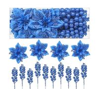 Alupssuc 24pcs Poinsettia Christmas Tree Decorations,Box 12pcs Poinsettia Artificial Flowers+12pcs Holly Berry Stem for Christmas Wreath Decorations,Xmas Tree Decorations,Christmas Decorations,Blue