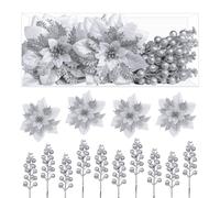 Alupssuc 24pcs Poinsettia Christmas Tree Decorations,Box 12pcs Poinsettia Artificial Flowers+12pcs Holly Berry Stem for Christmas Wreath Decorations,Xmas Tree Decorations,Christmas Decorations,Silver