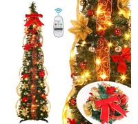 Alupssuc 6.5FT Pop Up Christmas Tree with Lights, Pre-Lit Christmas Tree with 100 Warm White & Multi-Color Lights, Xmas Tree with Xmas Balls, Bows and Flowers Decorations, 8 Light Modes, Easy Assembly