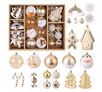 Alupssuc 65pcs Christmas Baubles Ornaments Set, 4-14cm Shatterproof Plastic Christmas Tree Balls, for Xmas Holiday Wedding Party Decorations with Hanging Strings, White Gold