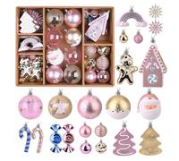 Alupssuc 65pcs Christmas Baubles Ornaments Set, 4-14cm Shatterproof Plastic Christmas Tree Balls, for Xmas Holiday Wedding Party Decorations with Hanging Strings, Macaron Pink