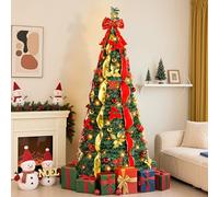 Alupssuc 6FT Pop Up Christmas Tree with Lights, Pre Lit Xmas Tree with 150 Warm White & Multi-Color Lights, 9 Light Modes, with Xmas Balls, Bows and Flowers Decorations, Easy Assembly