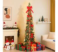 Alupssuc 6FT Pop Up Pencil Christmas Tree with Lights, Pre Lit Slim Tree with 100 Warm White & Multi-Color Lights, 9 Light Modes, with Xmas Balls, Bows and Flowers Decorations, Easy Assembly
