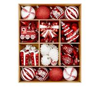 Alupssuc 82pcs Red Happiness Christmas Baubles Ornaments Set, Shatterproof Balls for Christmas Tree Decorations, Holiday Wedding Party and Xmas Decoration with Pre-Hanged Strings,Red & White