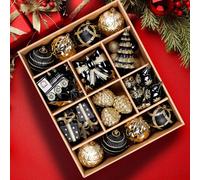 Alupssuc 82pcs Red Happiness Christmas Baubles Ornaments Set, Shatterproof Balls for Christmas Tree Decorations, Holiday Wedding Party and Xmas Decoration with Pre-Hanged Strings, Black & Gold