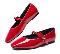 AlureAbys Women's Mary Jane Flats Comfortable Round Toe Red Ballet Flats Buckle Slip on Dressy Shoes Casual Office Party, Red, 4.5 UK