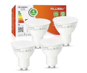 ALUSSO 5W GU10 LED Bulbs Warm White 3000K, 400lm Brightness, 120° Wide Beam Angle, Pack of 4, Non-Dimmable, Ideal for Kitchen & Bedroom & More