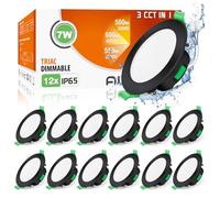 ALUSSO Black LED Downlights Dimmable 7W IP65 Slim Recessed Ceiling Lights, 3CCT 3000K Warm 4000K Neutral 6500K Cool Adjustable Bathroom Spotlights, 12 Pack