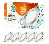 ALUSSO IP65 LED Downlights Dimmable 7W Slim Recessed Ceiling Lights, 3CCT 3000K Warm 4000K Neutral 6500K Cool Adjustable Bathroom Spotlights, Brushed Nickel, 6 Pack