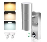 ALUSSO LIGHTING Up Down LED Wall Light PIR Motion Sensor 8W 750LM Stainless Steel Lamp, with GU10 Bulbs 3000K 4000K 6000K Adjustable, Outdoor Security Light IP65 Waterproof for Hallway Porch, Silver