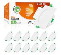 ALUSSO Square LED Downlights Dimmable 7W IP44 Slim Recessed Ceiling Lights, 3CCT 3000K Warm 4000K Neutral 6500K Cool Adjustable Bathroom Spotlights, White, 12 Pack