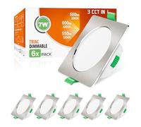 ALUSSO Square LED Downlights Dimmable 7W IP44 Slim Recessed Ceiling Lights, 3CCT 3000K Warm 4000K Neutral 6500K Cool Adjustable Bathroom Spotlights, Brushed Nickel, 6 Pack