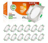ALUSSO Square LED Downlights Dimmable 7W IP44 Slim Recessed Ceiling Lights, 3CCT 3000K Warm 4000K Neutral 6500K Cool Adjustable Bathroom Spotlights, Brushed Nickel, 12 Pack