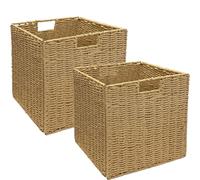 Aluusy 2 Storage Baskets, Hand Woven Wicker Basket Cube 28 cm, Large Collapsible Water Hyacinth Paper Basket with Handles, Decorative Basket for Bathroom Shelves Kallax Kitchen