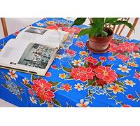 Alux Hibiscus Flowers Oilcloth Tablecloth for Patios, Picnic and Kitchen Tables - Blue and Red - Plastic Vinyl - Mantel de Plastico