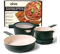 Alva Neat Nested Nonstick Ceramic Cookware Set 5-Piece Set Green - Easy to Clean, Oven Safe and Made without PFAS, PFOA & PTFE - Induction and All Stovetop Compatible with Even Heat Distribution