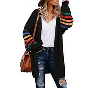AlvaQ Women's Cardigans Long Sleeve Open Front Rainbow Striped Color Block Loose Casual Womens Oversized Cardigan Ladies Long Lightweight Knit Outwear Coat Jacket Sweaters Black L UK 14 16