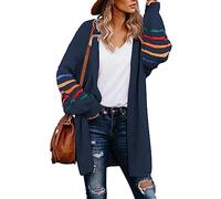 AlvaQ Women's Cardigans Long Sleeve Open Front Rainbow Striped Color Block Loose Casual Womens Oversized Cardigan Ladies Long Lightweight Knit Outwear Coat Jacket Sweaters Blue L UK 14 16