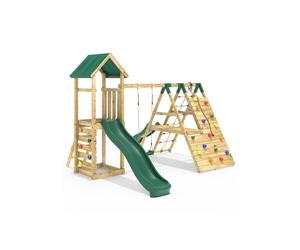 (Alverstone Green) Rebo Wooden Climbing Frame with Swings, 6 & 8ft Slides and Climbing Wall