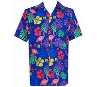 Alvish Hawaiian Shirt 37 Mens Flamingo Leaf Print Beach Aloha Party Blue 4XL