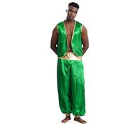 Alvivi Arabian Prince Costume for Men Stage Performance Satiny Vest and Pants Halloween Cosplay Party Outfit Green&Green XXL