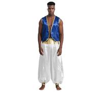 Alvivi Arabian Prince Costume for Men Stage Performance Satiny Vest and Pants Halloween Cosplay Party Outfit Royal Blue&White XXL